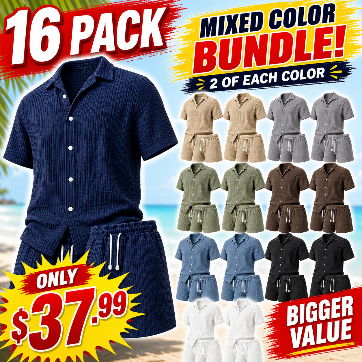 Limited Deal 8-Pack Men's Crinkle Cotton-Blend Camp Collar Shirt and Shorts Sets, Lightweight Breathable Relaxed Fit