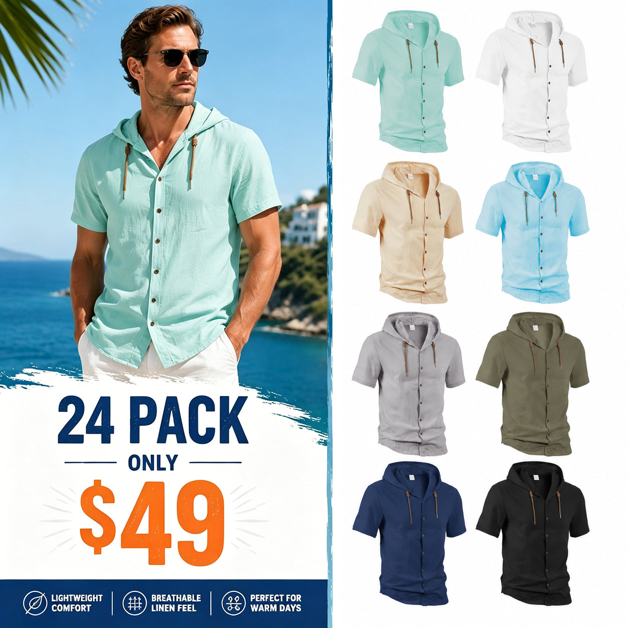 Men’s casual linen short-sleeve hooded shirt.