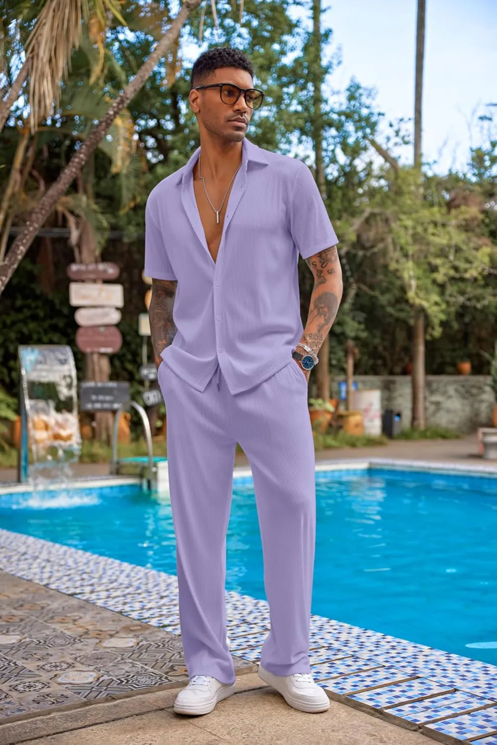 Men's 2 Piece Outfit Casual Short Sleeve Button Down Shirt Beach Summer Loose Pant Sets