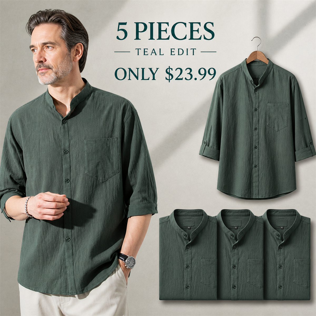 FINAL CLEARANCE - 10-Pack Only $39.99 - Men's Relaxed Mandarin-Collar Three-Quarter-Sleeve Button-Front Shirt