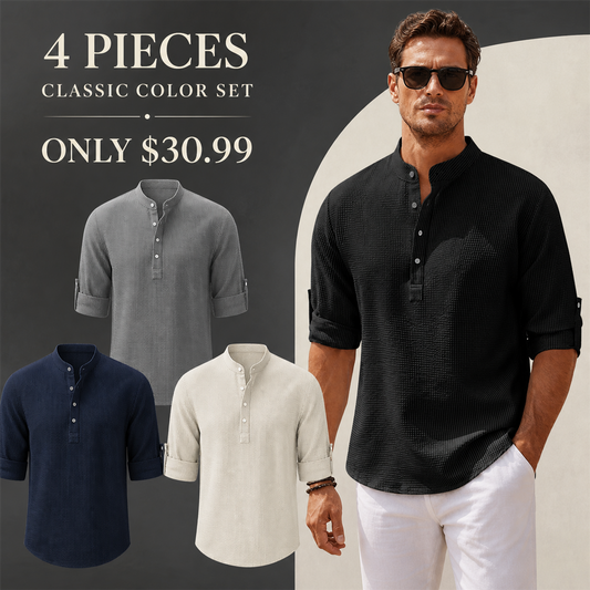 FINAL CLEARANCE - 8-Pack Only $37.99 - Men's Textured Band-Collar Roll-Tab Sleeve Henley Shirt