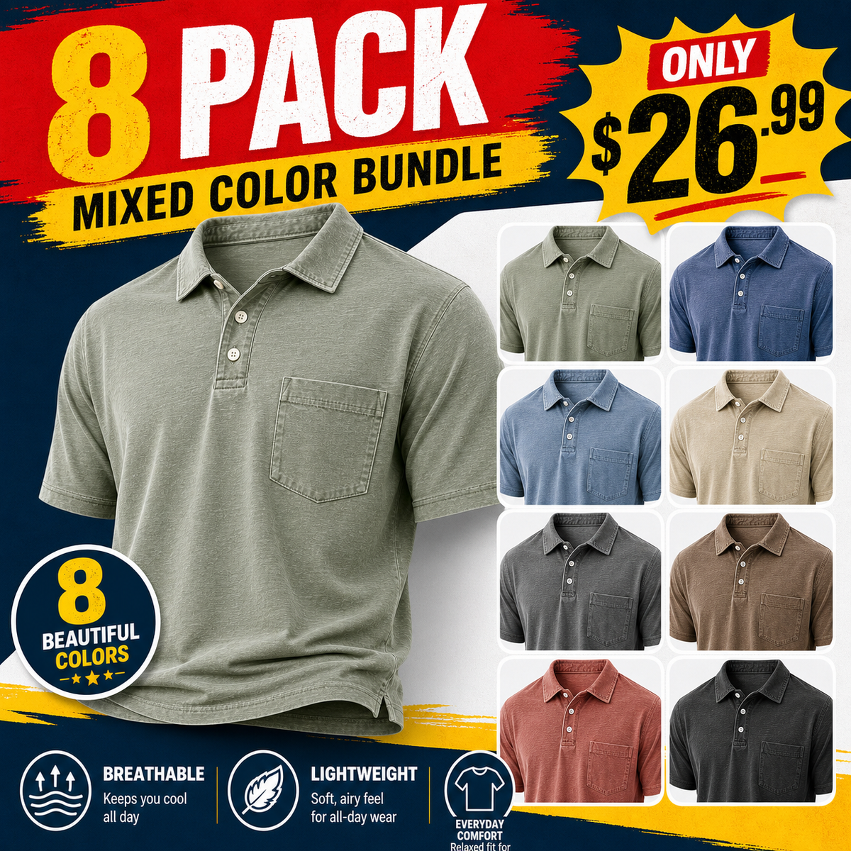 ☀️Limited Deal 8-Pack Men's Washed Cotton Blend Pocket Polo Shirts, Lightweight Breathable 3-Button Relaxed Fit