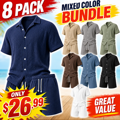 Limited Deal 8-Pack Men's Crinkle Cotton-Blend Camp Collar Shirt and Shorts Sets, Lightweight Breathable Relaxed Fit