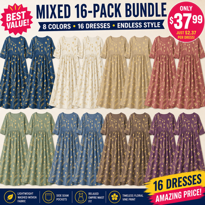 Pack & Save 8-Pack Women's Printed Round-Neck Empire-Waist Midi Dresses, Relaxed Casual Pocket Fit