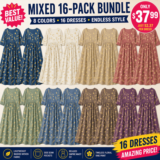 Pack & Save 8-Pack Women's Printed Round-Neck Empire-Waist Midi Dresses, Relaxed Casual Pocket Fit