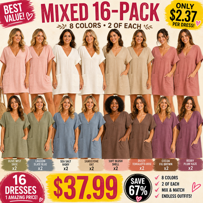 Pack & Save 8-Pack Women's Linen-Feel V-Neck Pocket Mini Dresses, Relaxed Batwing Sleeve Casual Fit