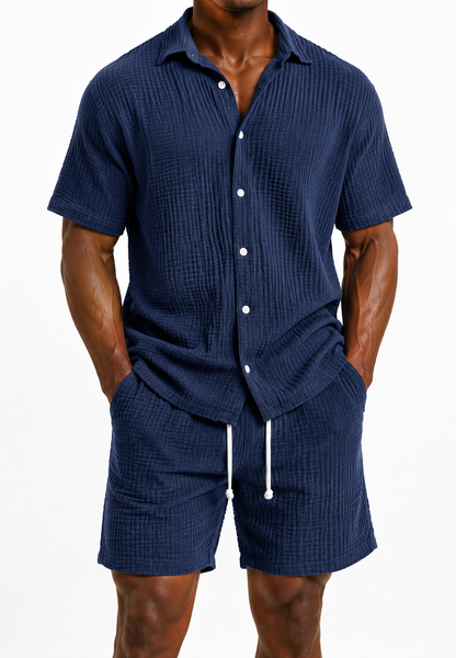 Limited Deal 8-Pack Men's Crinkle Cotton-Blend Camp Collar Shirt and Shorts Sets, Lightweight Breathable Relaxed Fit