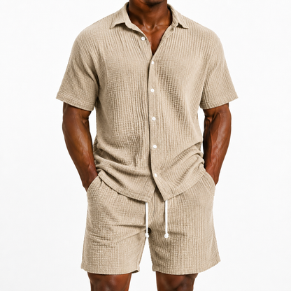 Limited Deal 8-Pack Men's Crinkle Cotton-Blend Camp Collar Shirt and Shorts Sets, Lightweight Breathable Relaxed Fit