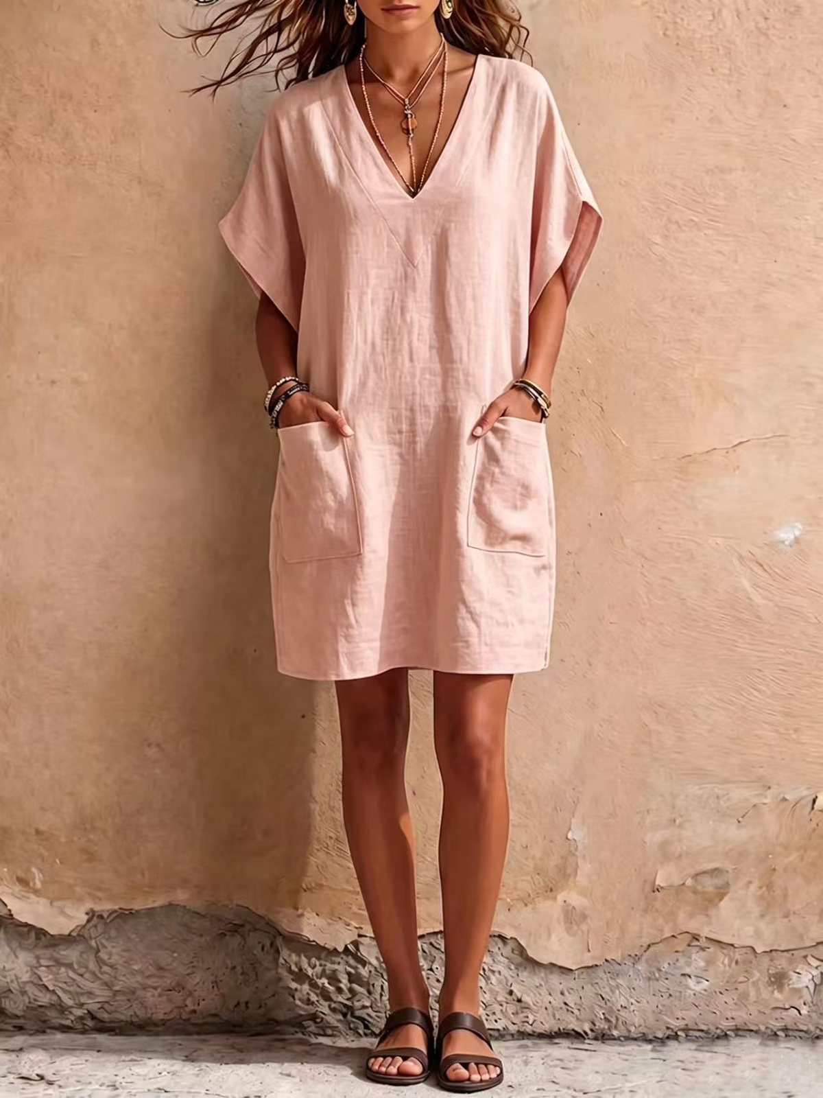 Pack & Save 8-Pack Women's Linen-Feel V-Neck Pocket Mini Dresses, Relaxed Batwing Sleeve Casual Fit