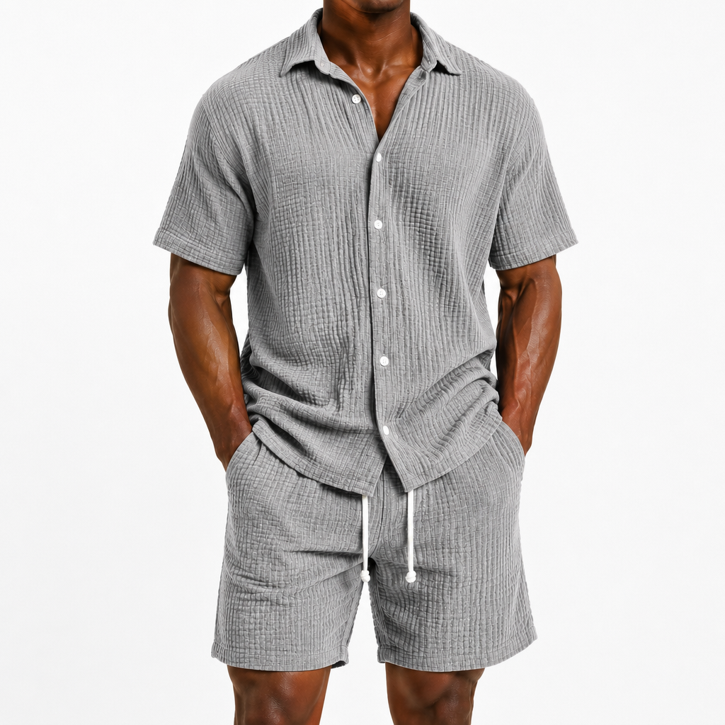Limited Deal 8-Pack Men's Crinkle Cotton-Blend Camp Collar Shirt and Shorts Sets, Lightweight Breathable Relaxed Fit