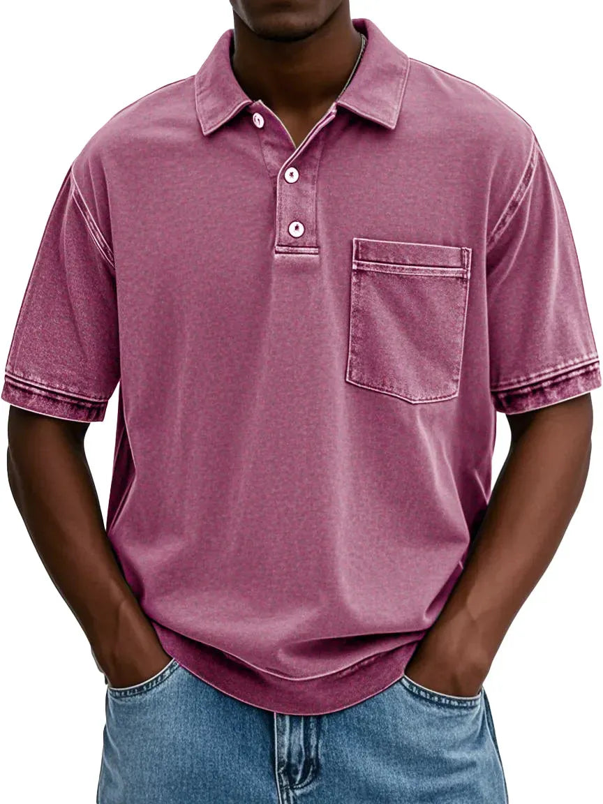 ✨VENTE FINALE✨ 10 pièces à seulement 34,99 € ✨ – Polo homme rétro délavé à col revers avec poche et manches courtes