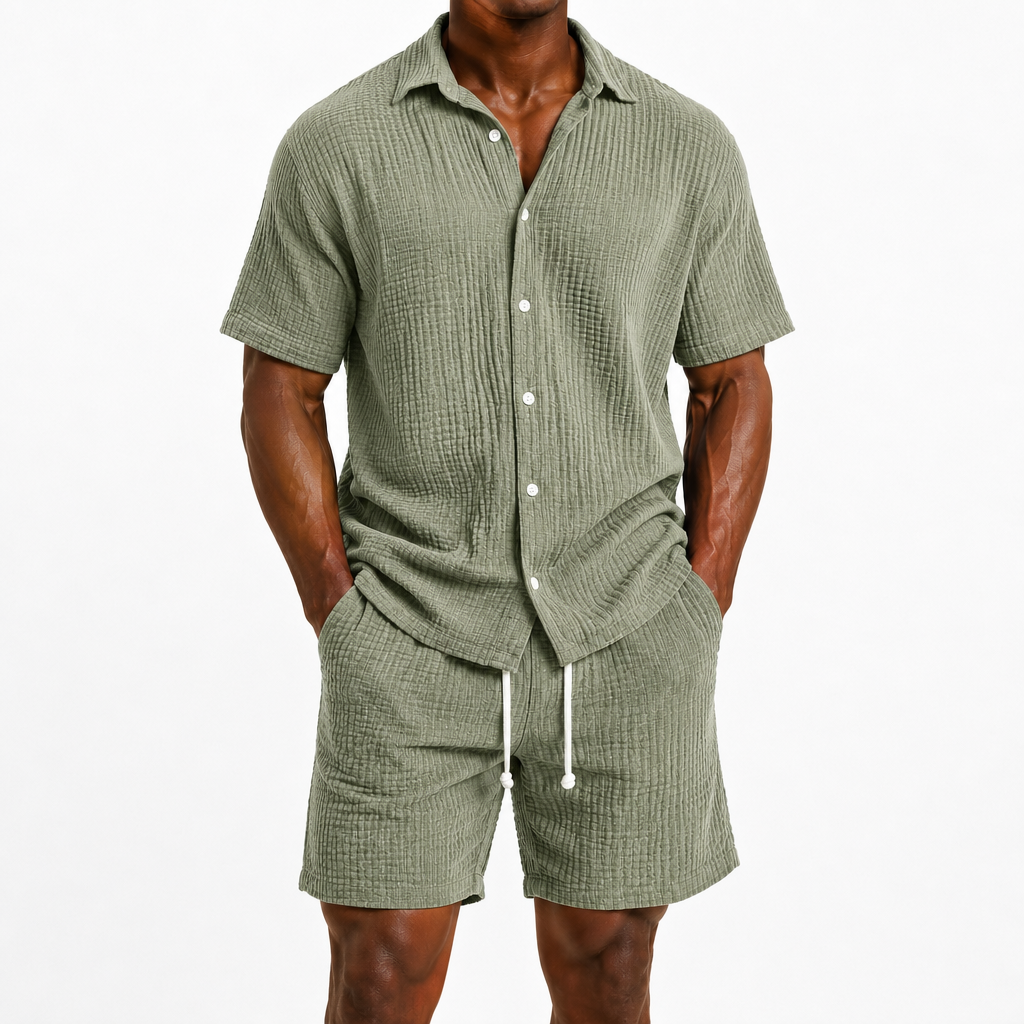 Limited Deal 8-Pack Men's Crinkle Cotton-Blend Camp Collar Shirt and Shorts Sets, Lightweight Breathable Relaxed Fit