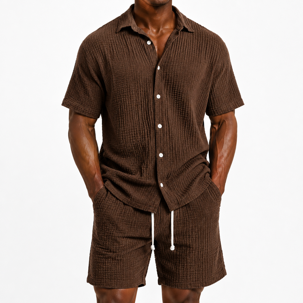Limited Deal 8-Pack Men's Crinkle Cotton-Blend Camp Collar Shirt and Shorts Sets, Lightweight Breathable Relaxed Fit