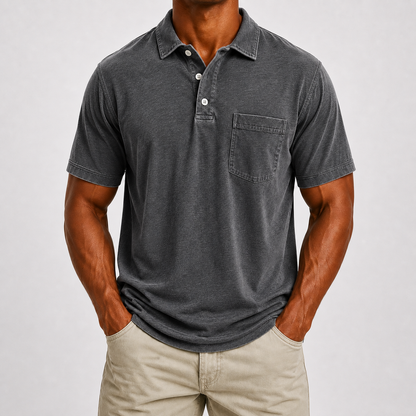 ☀️Limited Deal 8-Pack Men's Washed Cotton Blend Pocket Polo Shirts, Lightweight Breathable 3-Button Relaxed Fit