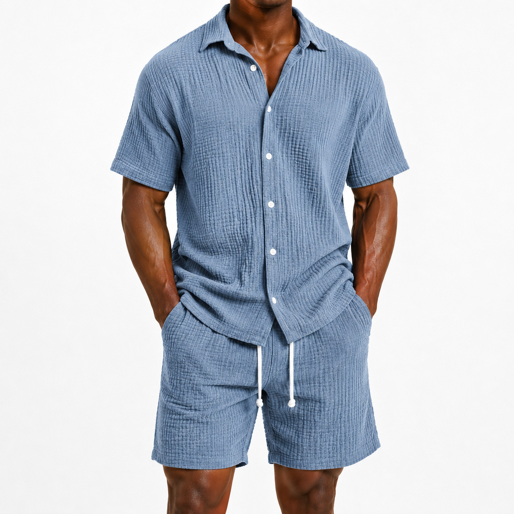 Limited Deal 8-Pack Men's Crinkle Cotton-Blend Camp Collar Shirt and Shorts Sets, Lightweight Breathable Relaxed Fit