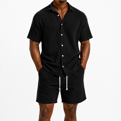 Limited Deal 8-Pack Men's Crinkle Cotton-Blend Camp Collar Shirt and Shorts Sets, Lightweight Breathable Relaxed Fit
