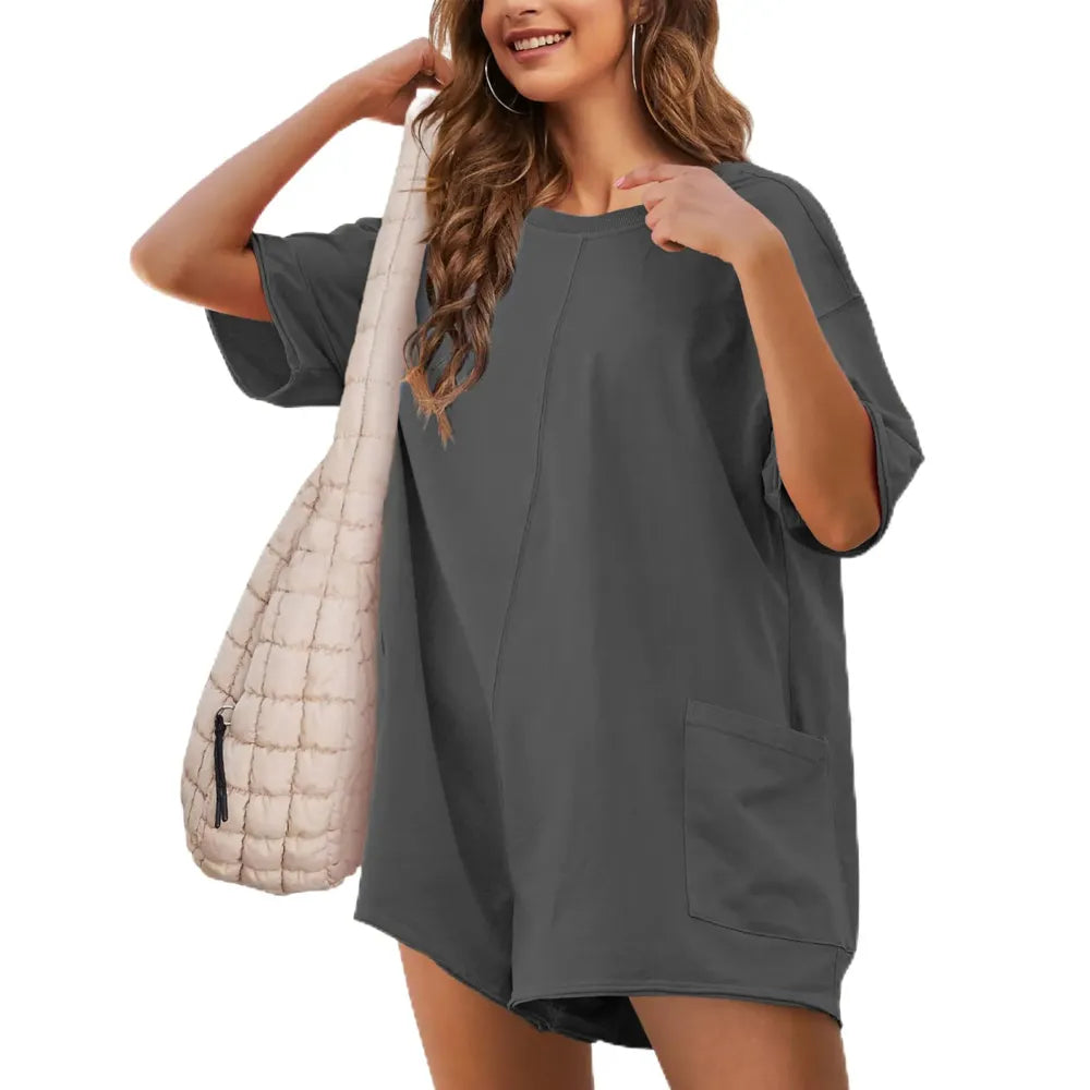 💝Women Casual Oversized Athletic Short Sleeve Romper Deep Pocket Loungewear