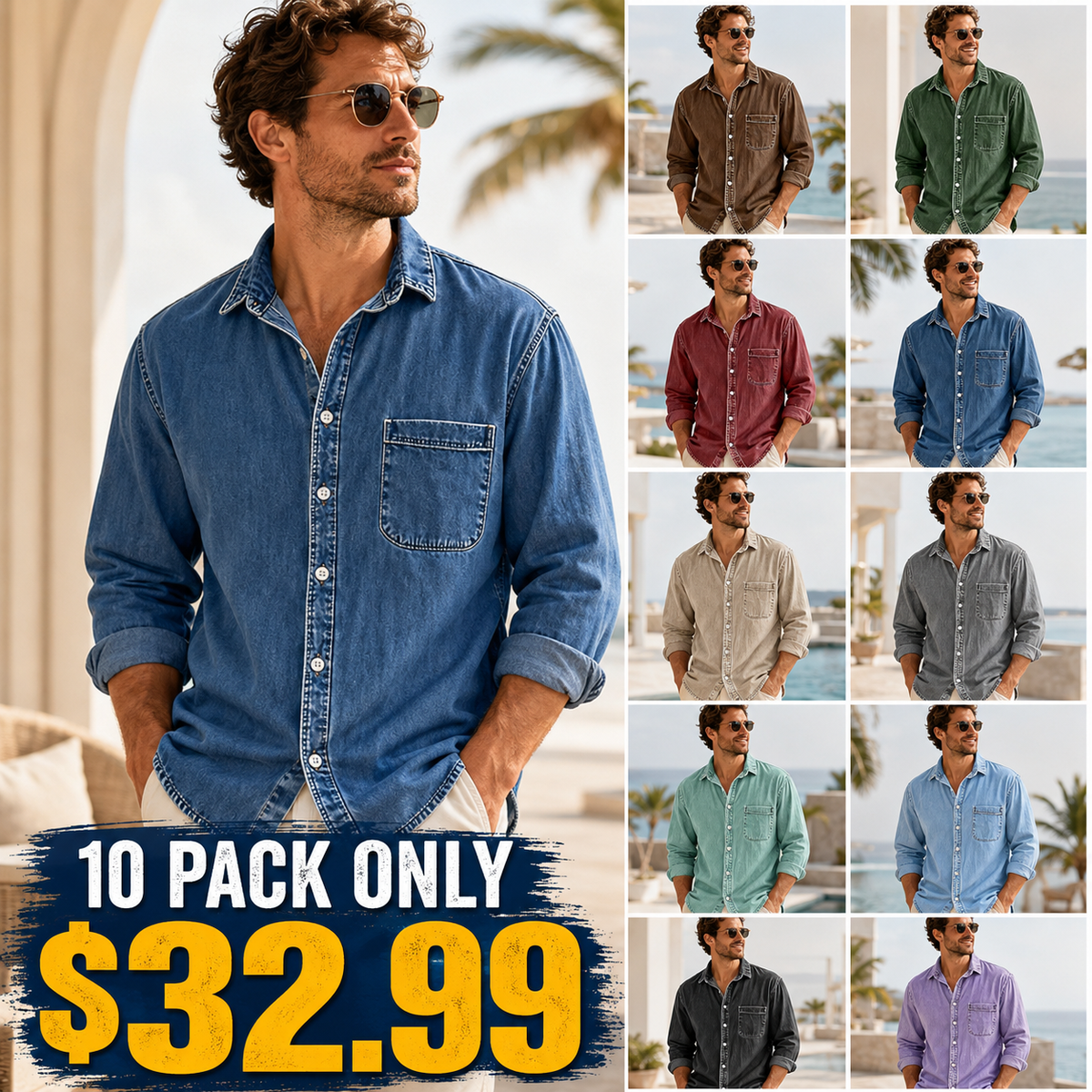 Clearance Sale: 10 pack for $32.99 – Men's Vintage Washed Cotton Denim Shirt