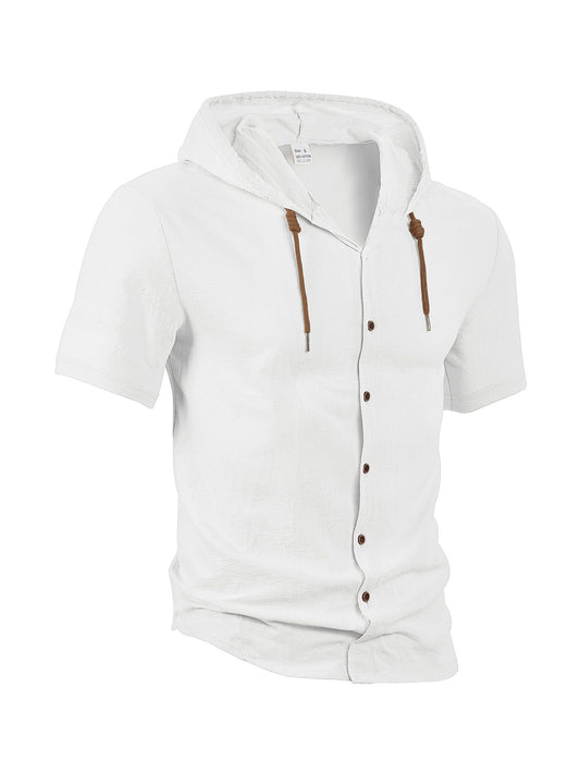 Men’s casual linen short-sleeve hooded shirt.