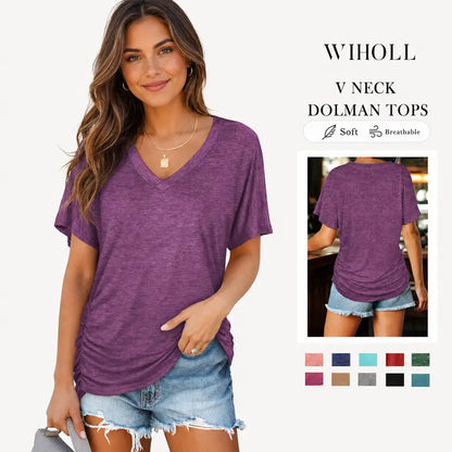 SwimWeek Womens Short Sleeve V Neck Dolman Tops with Side Shirring Loose Fit Shirts