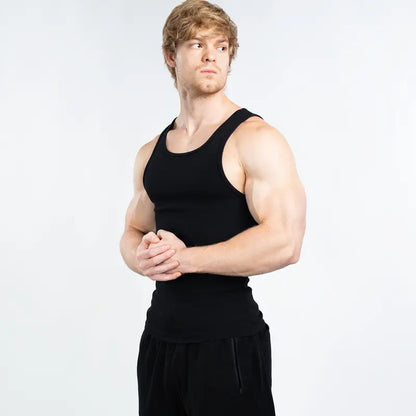Men’s versatile tank top that smooths bulges and enhances a strong, athletic fit.