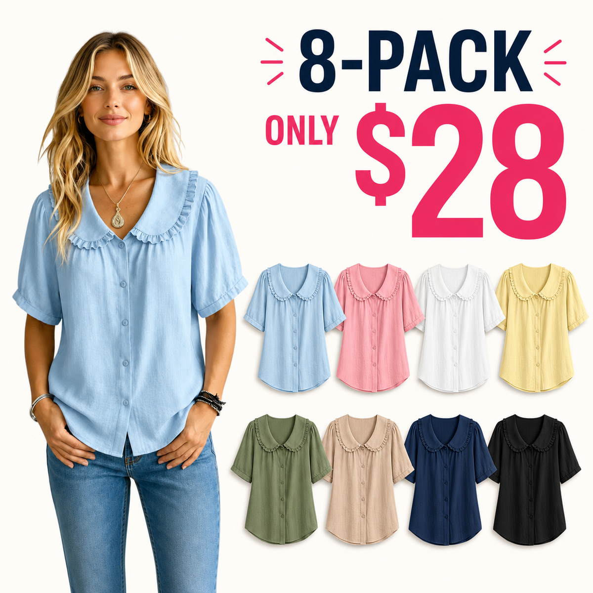 ⏰16-Pack Only $35👕 Women's Ruffle Trim Collared Button-Up Short Sleeve Shirt - Limited Stock Once They’re Gone, They’re Gone!