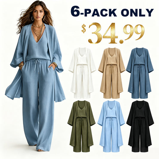 ⏰Clearance Sale⚡6-Pack Only $34.99⚡Women's Minimalist Cotton And Linen Wide-leg Pants Three-piece Set