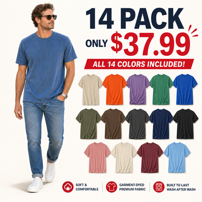 SUMMER FINAL SALE - Men's Garment-Dyed Crewneck Short Sleeve T-Shirt 14-Pack $37.99