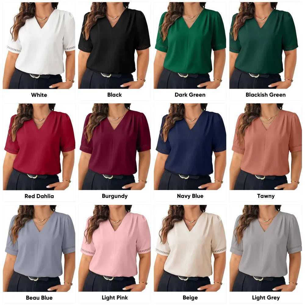 Dressy Casual Pleated V-Neck Short Sleeve Business Work Office Blouses Shirts (1X-5X)