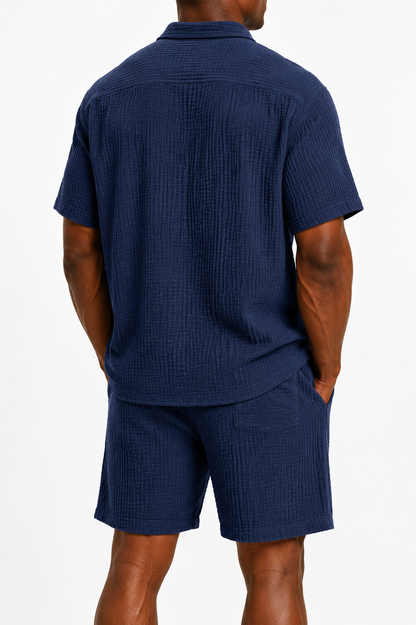 Limited Deal 8-Pack Men's Crinkle Cotton-Blend Camp Collar Shirt and Shorts Sets, Lightweight Breathable Relaxed Fit