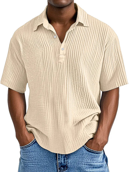 Men's Simple Daily Loose Pleated Texture Short Sleeve Lapel Polo Shirt