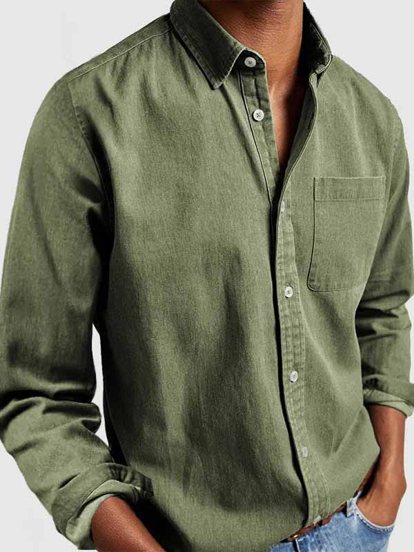 Men's Basics Vintage Washed 100% Cotton Pocket Long Sleeve Shirt
