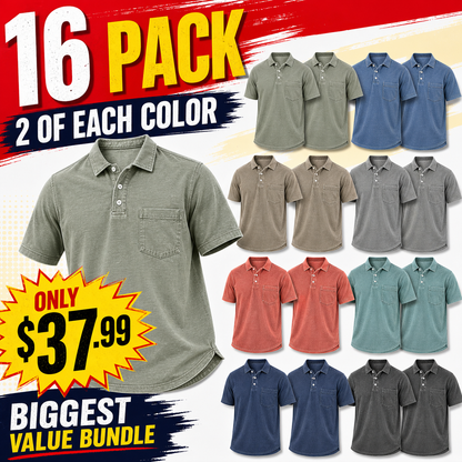 ☀️Limited Deal 8-Pack Men's Washed Cotton Blend Pocket Polo Shirts, Lightweight Breathable 3-Button Relaxed Fit