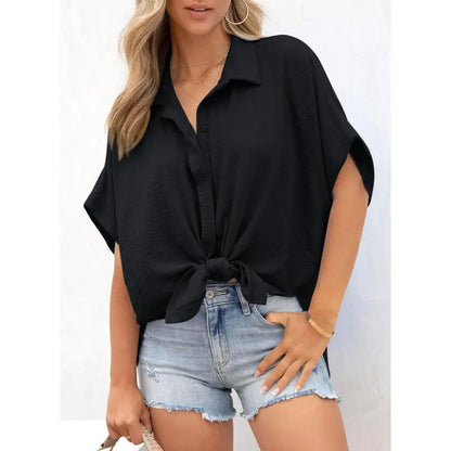 Women's Tops Dressy Casual V Neck Button Down Shirts Solid Short Sleeve Blouses Oversized Fit Batwing Collared Baggy Minimalist Style