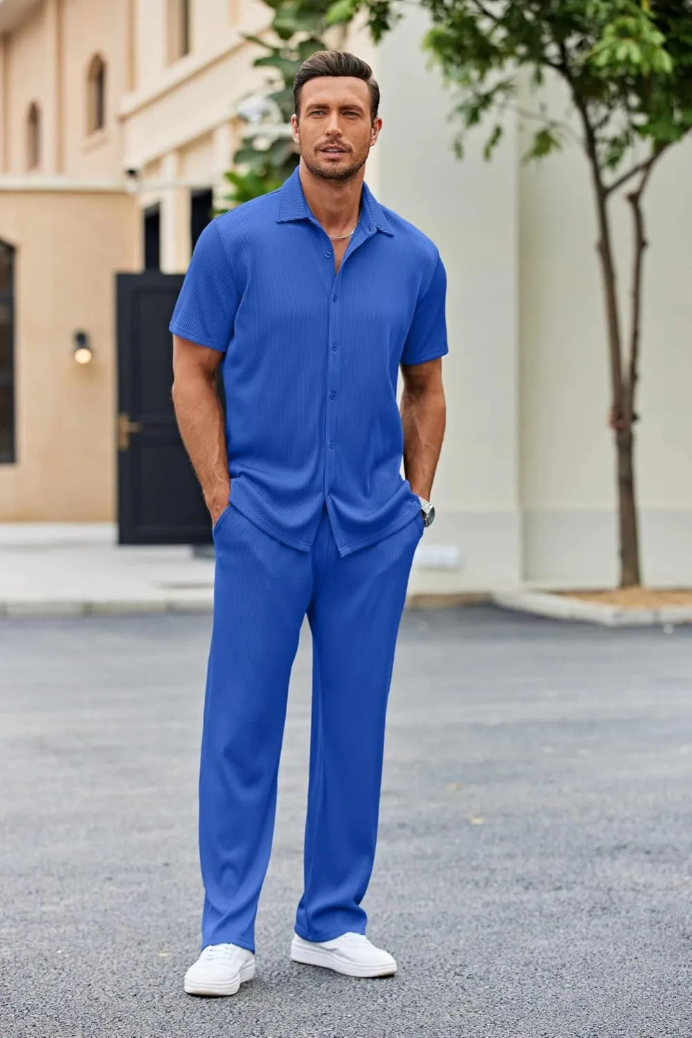 Men's 2 Piece Outfit Casual Short Sleeve Button Down Shirt Beach Summer Loose Pant Sets