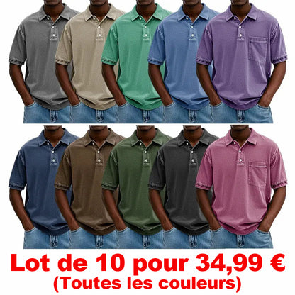 ✨VENTE FINALE✨ 10 pièces à seulement 34,99 € ✨ – Polo homme rétro délavé à col revers avec poche et manches courtes