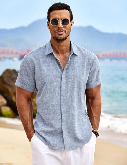 Men's Linen Shirts Short Sleeve Casual Shirts Button Down Shirt for Men Beach Summer Wedding Shirt