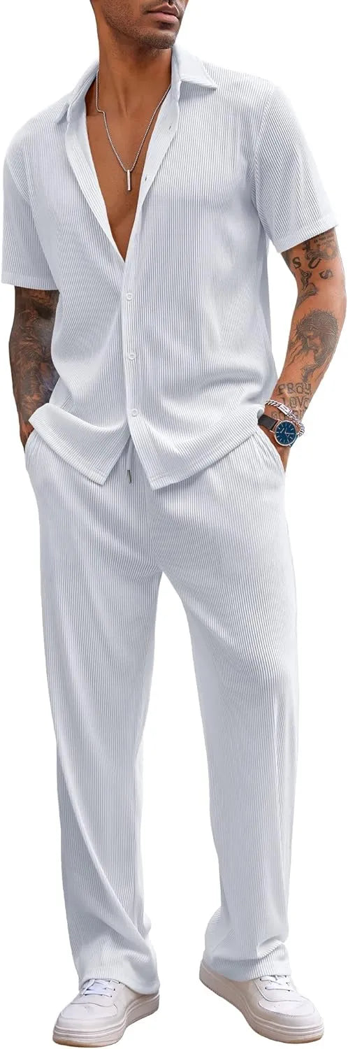 Men's 2 Piece Outfit Casual Short Sleeve Button Down Shirt Beach Summer Loose Pant Sets