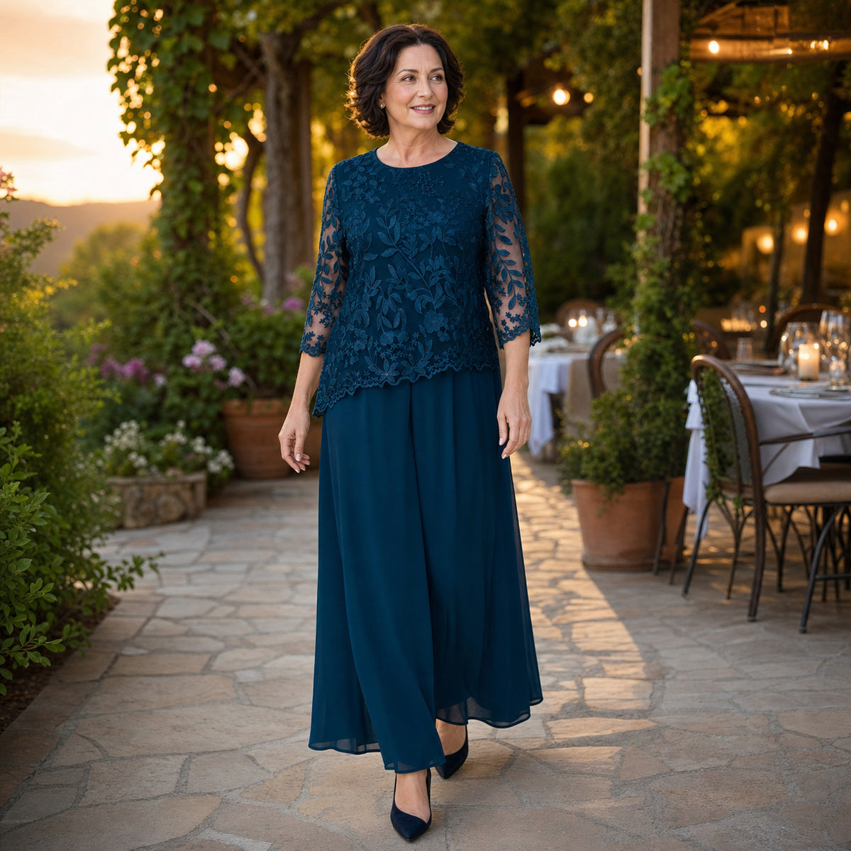 Women's Floral Lace Overlay Top & Wide-Leg Pant Set