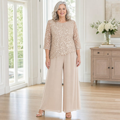 Women's Floral Lace Overlay Top & Wide-Leg Pant Set
