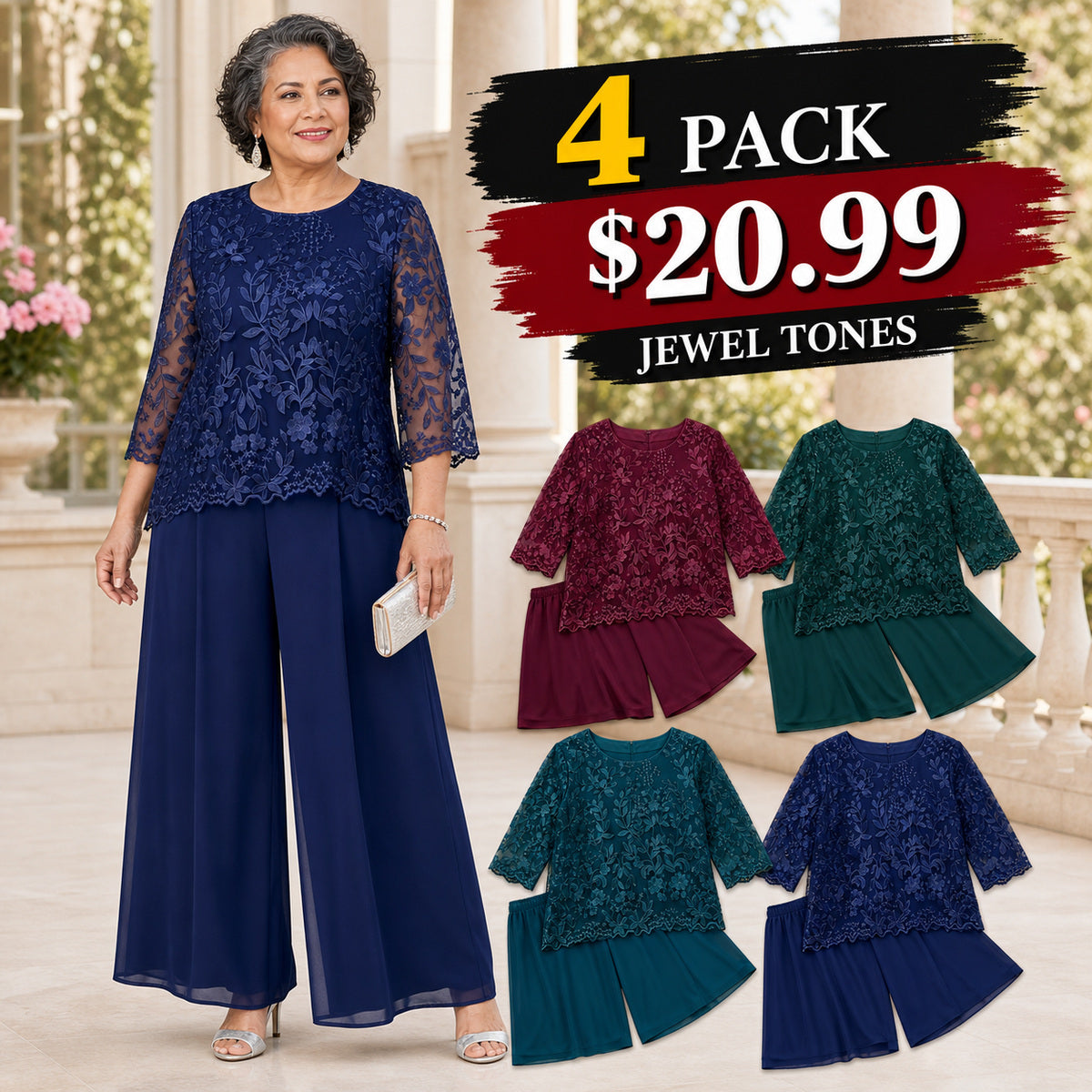 Women's Floral Lace Overlay Top & Wide-Leg Pant Set