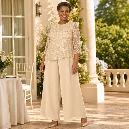 Women's Floral Lace Overlay Top & Wide-Leg Pant Set