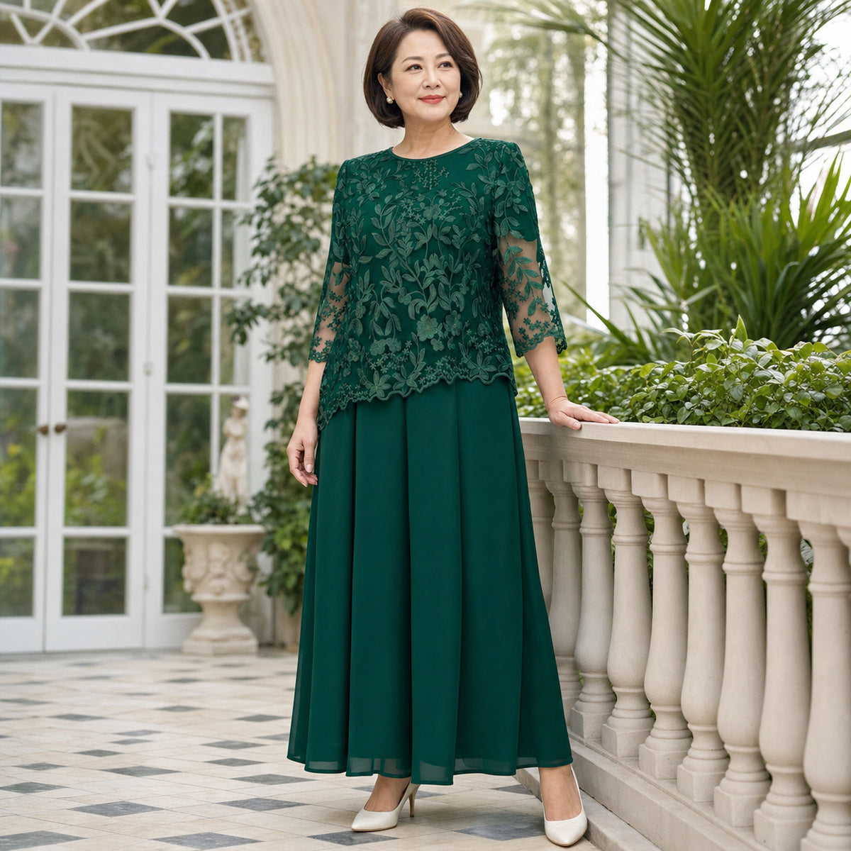 Women's Floral Lace Overlay Top & Wide-Leg Pant Set