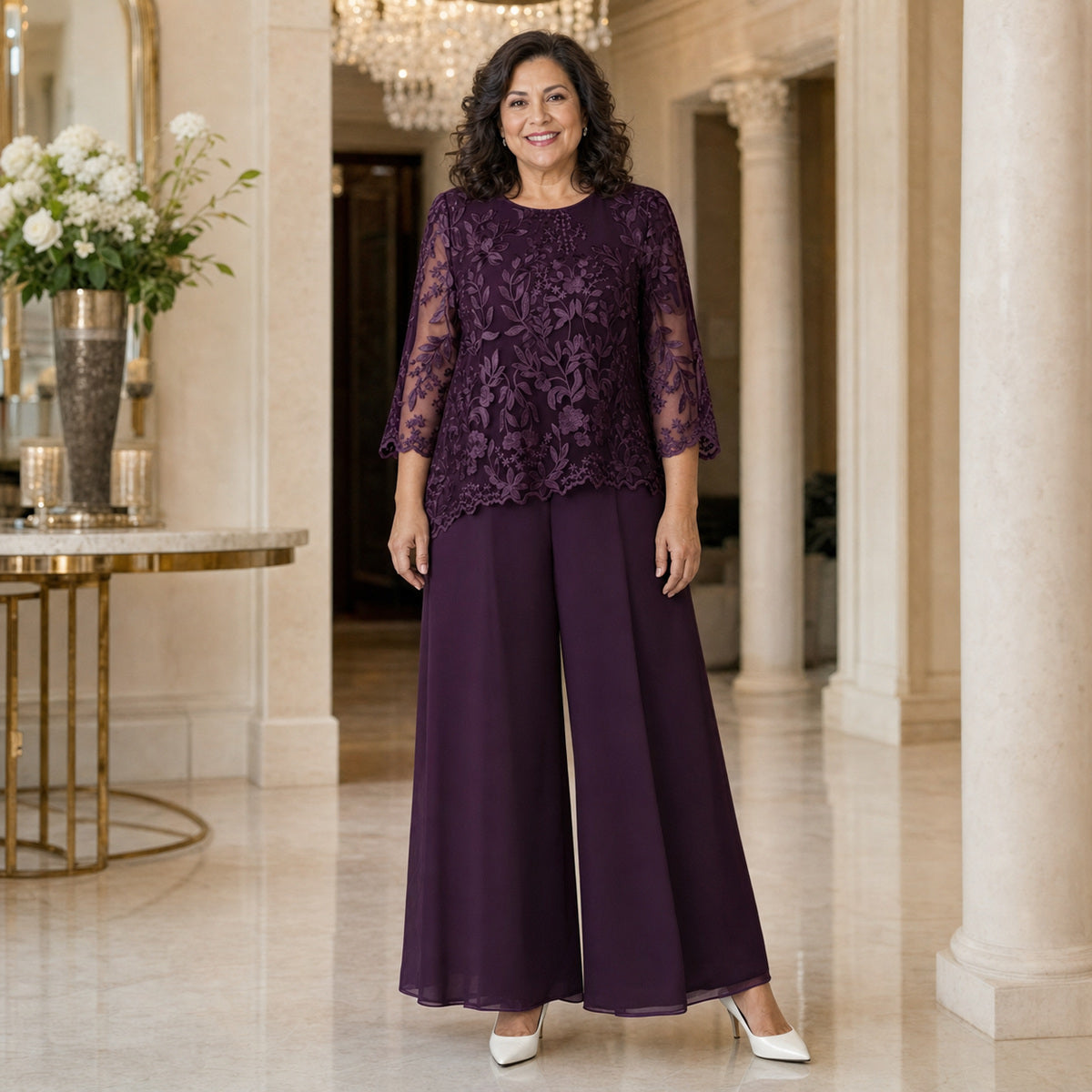 Women's Floral Lace Overlay Top & Wide-Leg Pant Set