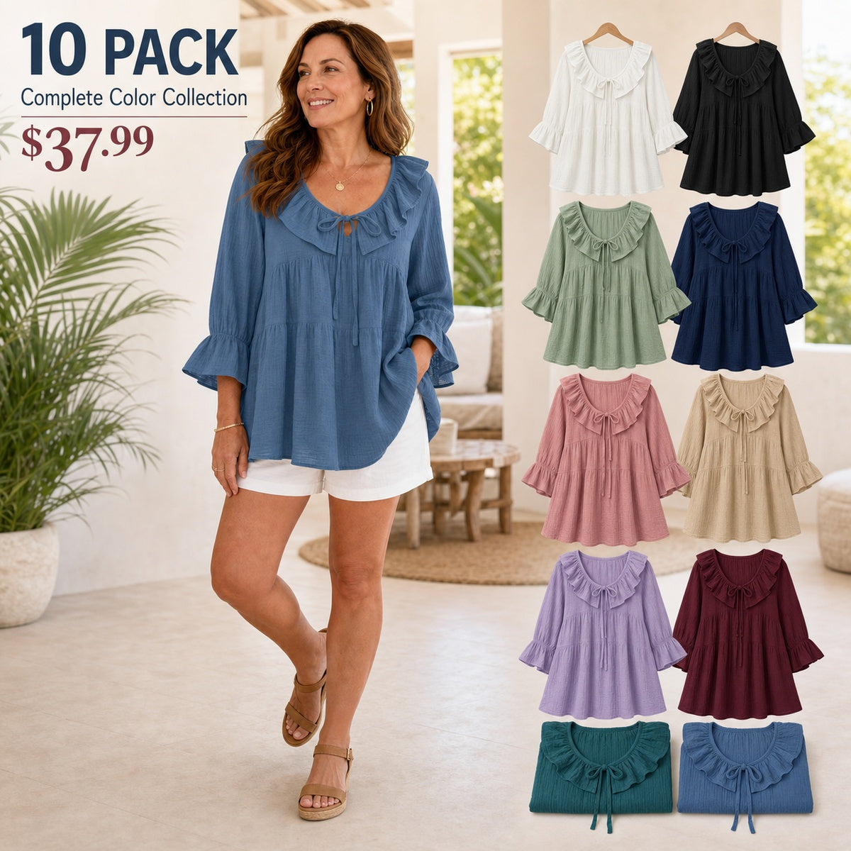 Women's Ruffle Tie-Neck Gauze Tunic Blouse