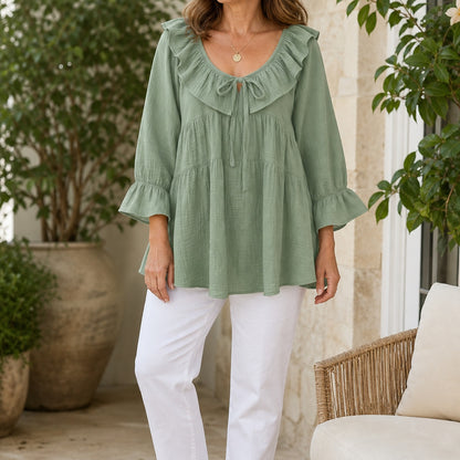 Women's Ruffle Tie-Neck Gauze Tunic Blouse