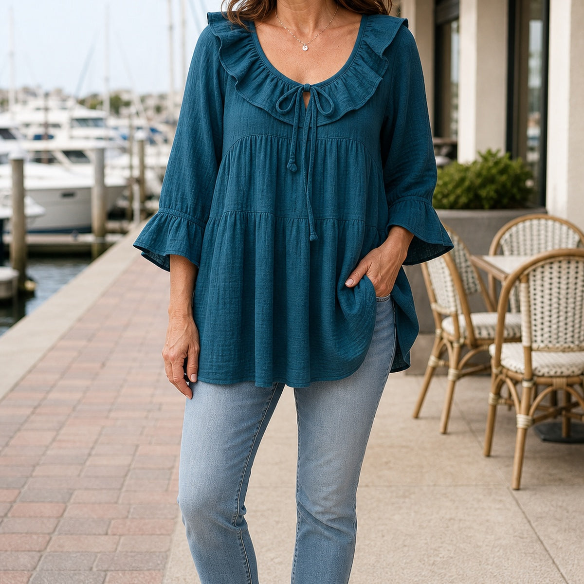 Women's Ruffle Tie-Neck Gauze Tunic Blouse