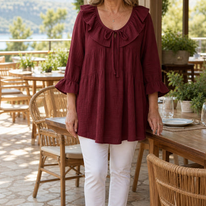 Women's Ruffle Tie-Neck Gauze Tunic Blouse