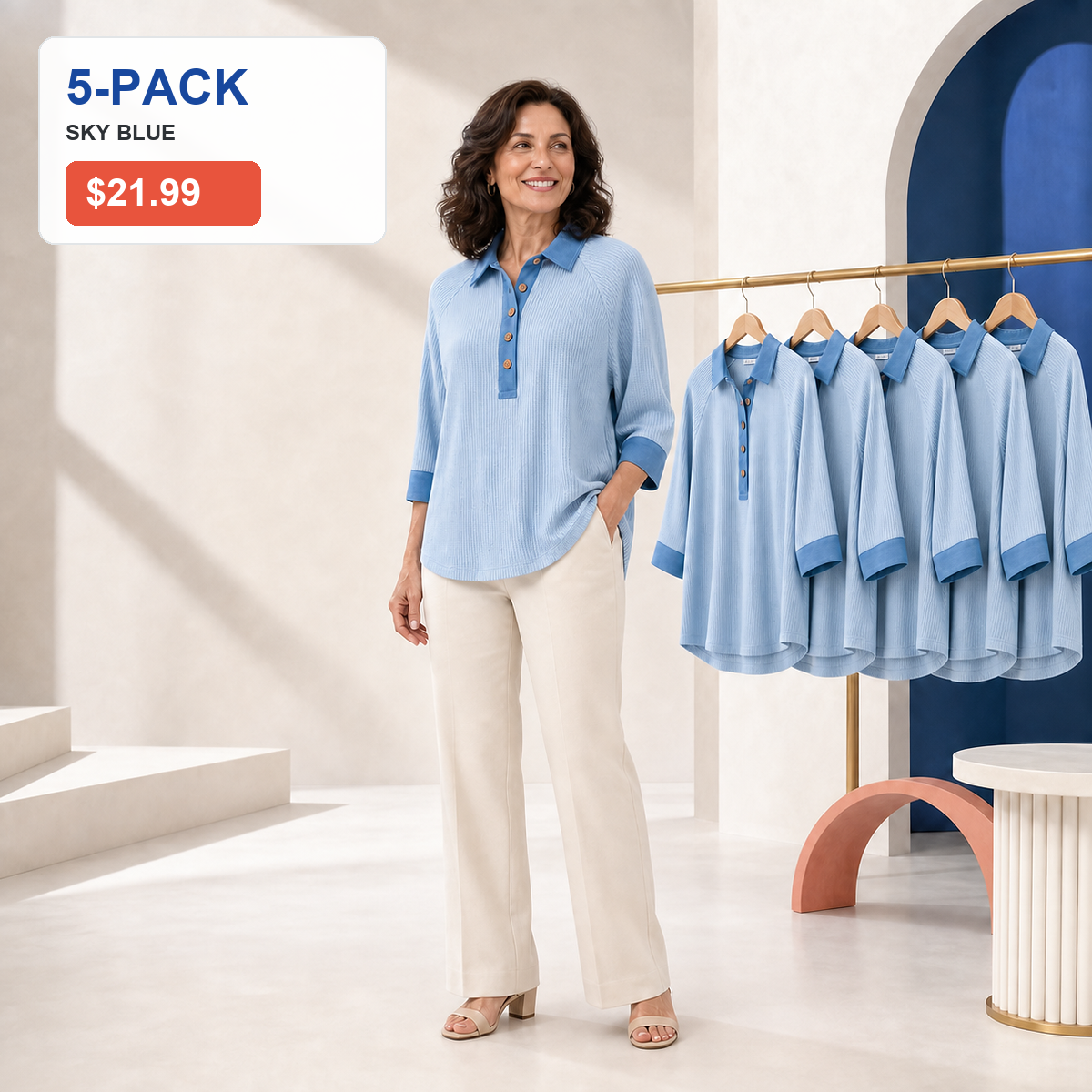 Women's Textured Three-Quarter Sleeve Polo Tunic