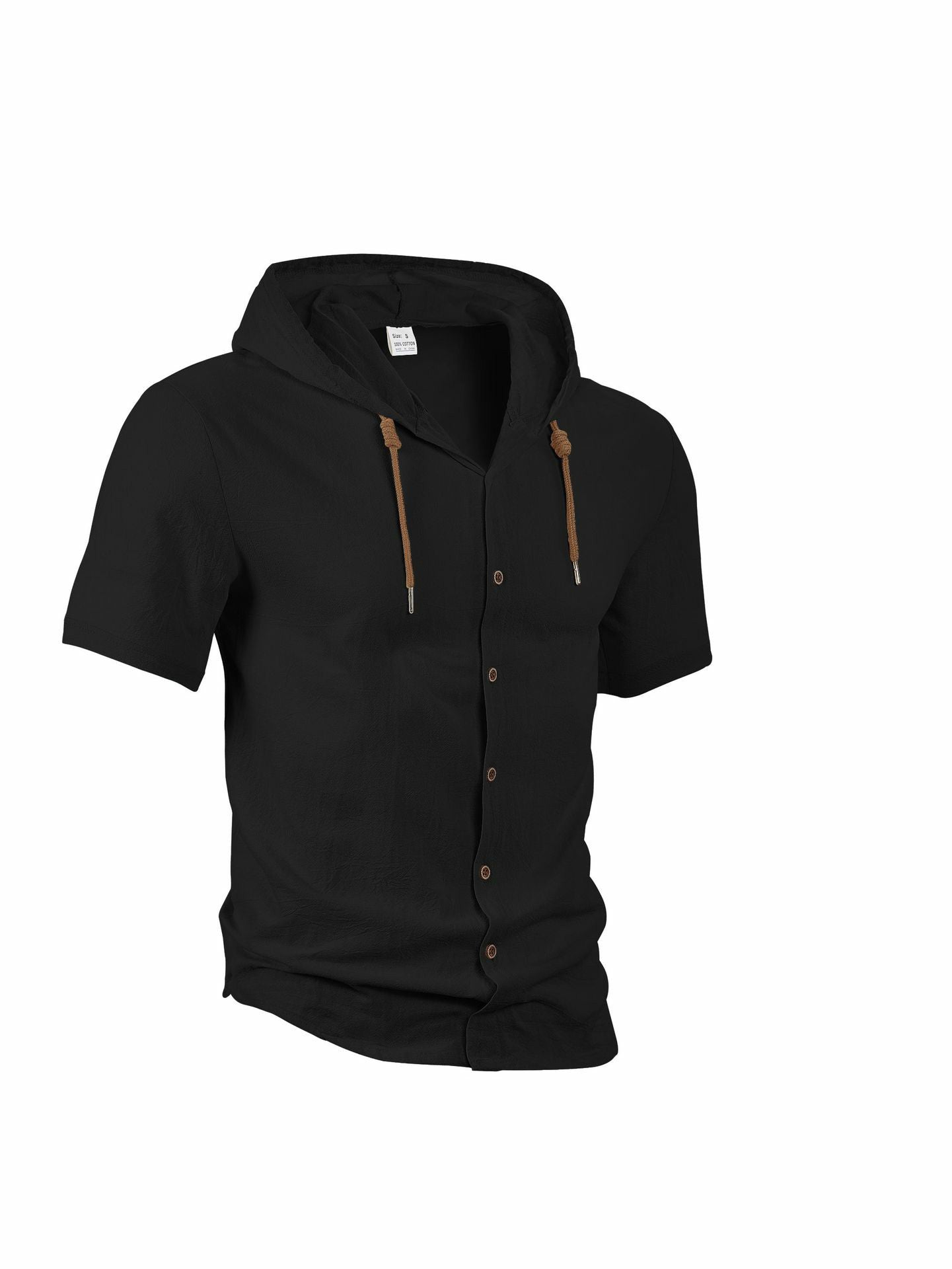 Men’s casual linen short-sleeve hooded shirt.